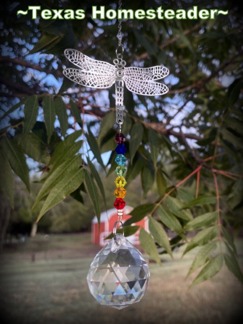 Silver Dragonfly γοητεία με χρωματισμένες χάντρες και στρογγυλό κρυστάλλινο suncatcher κρέμονται σε ένα δέντρο με κόκκινο αχυρώνα στο παρασκήνιο .. Μνημείο μνήμης θλίψη δέντρο φύτευσης δέντρων - dragonfly crystal suncatcher #texashomesteader