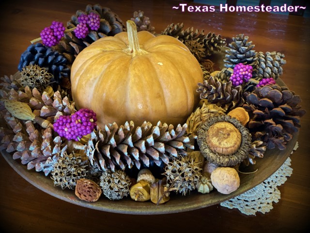 Fall Tablescape με μικρή κολοκύθα, πεύματα, βελανίδια, ομορφιά, κλπ. #Texashomesteader